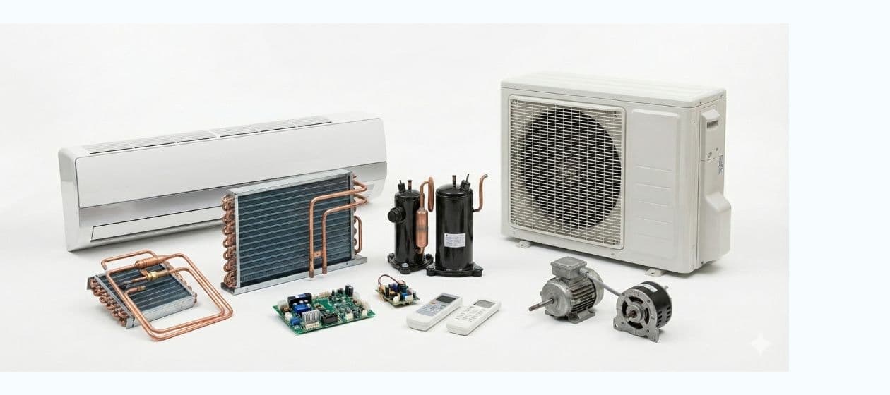 Klima iç-dış ünitesi, kompresör ve elektronik kart gibi ısıtma soğutma yedek parçaları